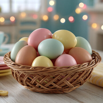 Wicker basket filled with colorful pastel painted easter eggs on wooden table
