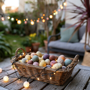 Decorative wicker basket filled with colorful speckled easter eggs outdoors