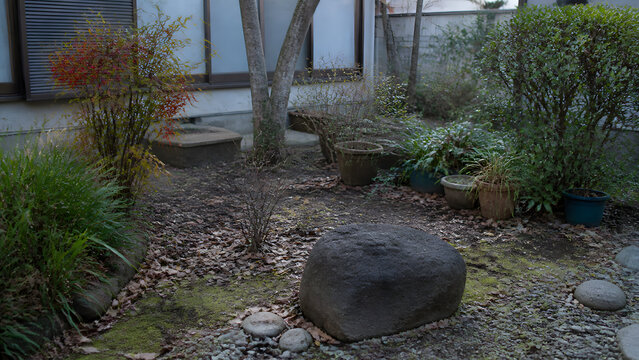 紅葉した低木と庭石がある住宅の庭