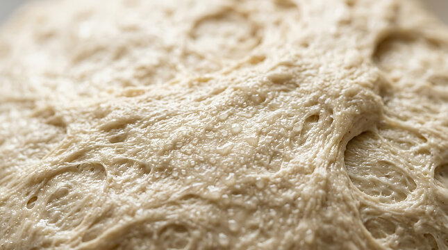 Close-up texture of raw bread dough with air bubbles, baking ingredient macro