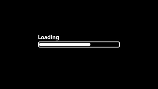 Modern, minimal style digital black progress bar loading animation motion graphic, displaying system status, data buffer, and file upload and download processing indicators.