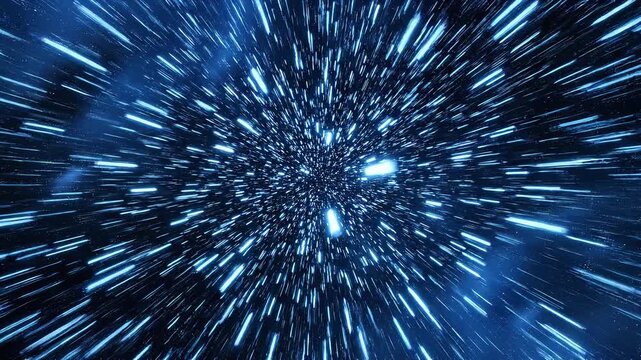 Abstract blue light particles moving rapidly through a dark void with cinematic motion