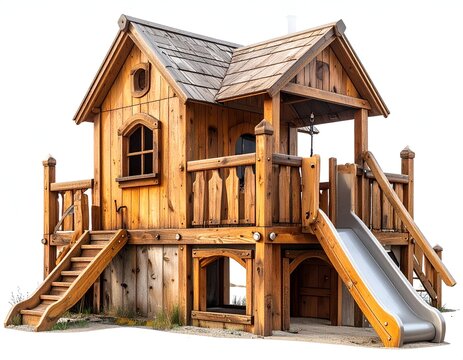 Wooden playset with a house, stairs, slide, and deck. Isolated on white