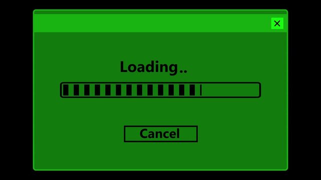  bright green showing a Loading progress bar filling up with black segments and a Cancel button at the bottom against a black background. computer retro software installation, system processing bar.