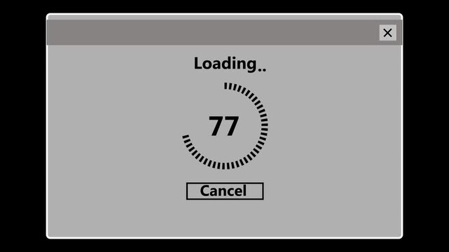 Retro-style white showing a "Loading." circular progress indicator reaching 100% with a "Cancel" button against a black background. Animated computer dialogue box, retro software loading screen, 