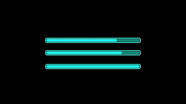 There is a bright progress loading bar on a dark black background, decorated with multiple status indicator lines and data processing graphic elements.