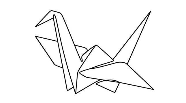 Minimalist continuous line drawing of an origami crane bird