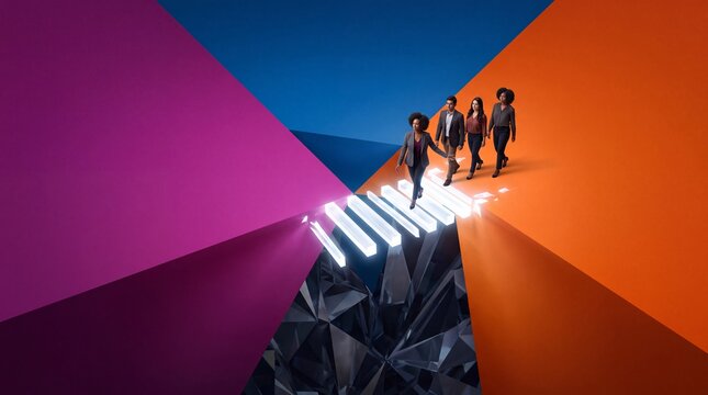 Business Team Walking Across Glowing Abstract Bridge