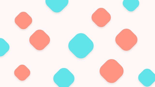 Abstract pattern of soft coral and cyan rounded square shapes on light pink