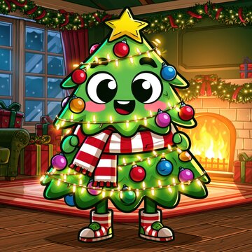 Cheerful Christmas Tree Cartoon Character Dancing in Cozy Holiday Room with Gifts