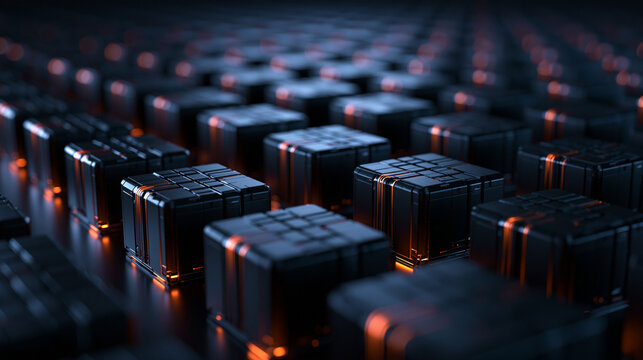Futuristic Data Server Blocks with Glowing Orange Lights