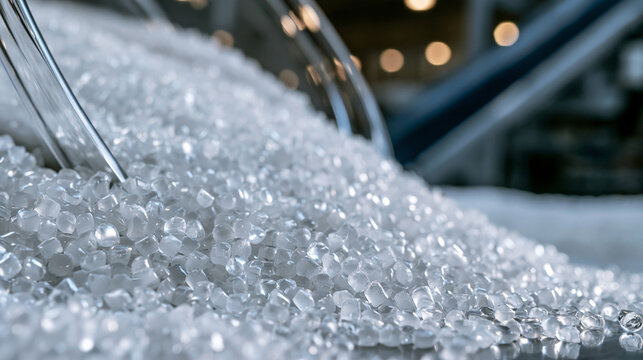 Close-up of a large heap of transparent, crystalline plastic pellets, also known as polymer resin, showcasing the raw material used in various industrial manufacturing processes, ready for