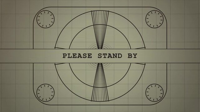 Vintage television test pattern with Please Stand By message and analog clocks on wood panel background