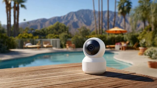 Smart Surveillance by the Pool: A compact, modern smart camera is positioned on a wooden deck overlooking a sparkling swimming pool.