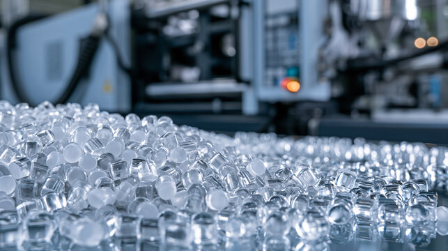 Close-up of numerous transparent plastic pellets, or granules, in a large pile on a reflective surface within a manufacturing facility with blurred machinery in the background, symbolizing