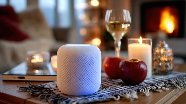 Cozy Evening Ambiance: A smart speaker sits on a wooden table, illuminated by ambient light, surrounded by red apples, lit candles, and a glass of white wine.