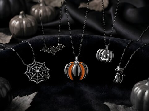Set of spooky halloween themed jewelry charms hanging on dark tree branches at night