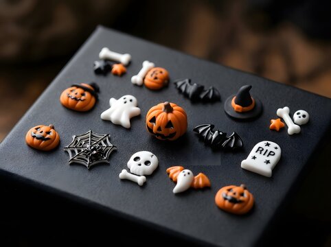 Small colorful halloween sugar icing decorations for cookies on a dark stone board