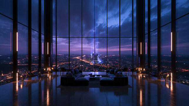 Luxury Modern Penthouse Interior Overlooking Night City Skyline