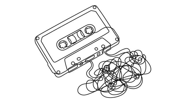 One line drawing of a vintage audio cassette with tangled tape