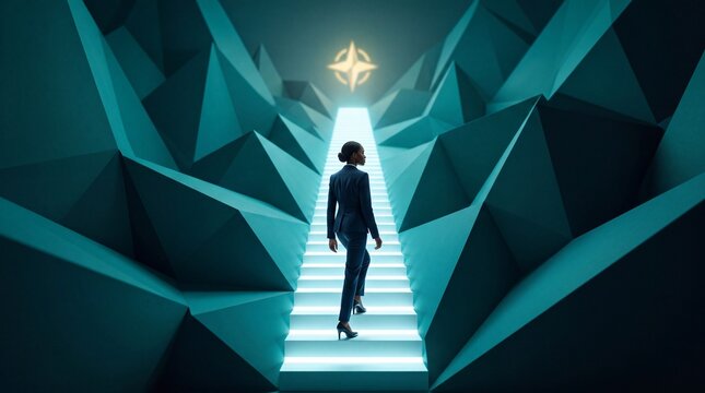 Businesswoman Climbing Illuminated Staircase Toward Glowing Star
