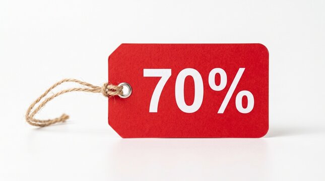 Red tag with 70 percent discount text and twine on white background