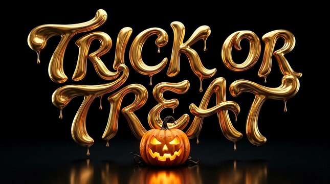Fiery trick or treat typography with glowing jack o lantern on reflective surface