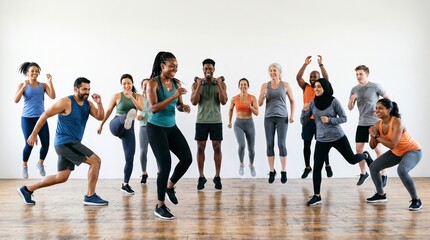 Obraz premium Diverse group of people exercising together in a bright studio