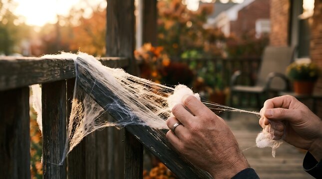 Person decorating porch railing with artificial spiderwebs for Halloween