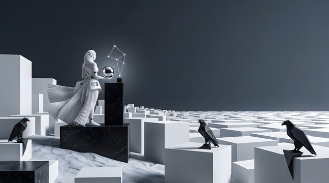 White draped female statue holds a glowing sphere on a black pedestal among white cubes and stylized ravens, with a luminous constellation wireframe against a dark gray backdrop.