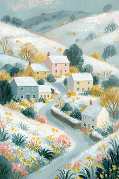 Scenic winter landscape with a quaint village of colorful houses, snow covering hills and rooftops, a winding road connecting homes