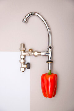 Abstract still life with a kitchen faucet and red pepper on a colored background