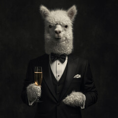 Naklejka premium Sophisticated alpaca wearing a black tuxedo and holding a champagne glass with bow tie