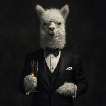 Sophisticated alpaca wearing a black tuxedo and holding a champagne glass with bow tie