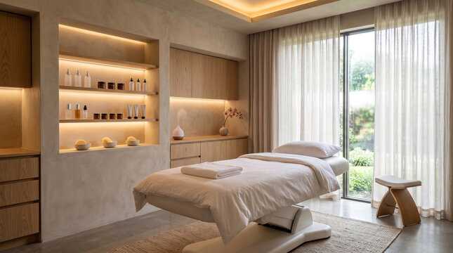 Modern spa treatment room with massage table and warm lighting