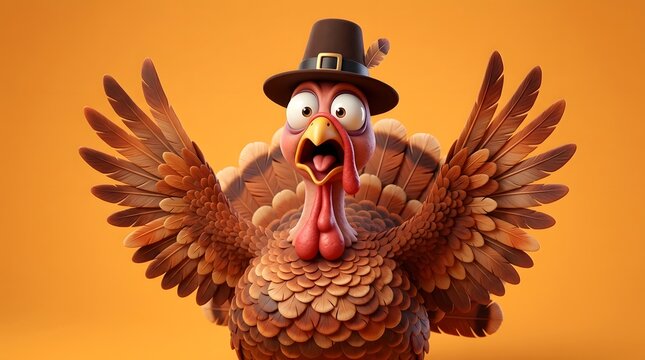 Funny 3d cartoon turkey with wide eyes and open mouth wearing a pilgrim hat