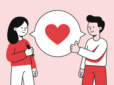 Illustration of a man and woman expressing love and affection through a speech bubble with a red heart symbol
