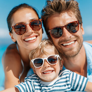 Happy young family wearing sunglasses smiling together outdoors on a sunny day