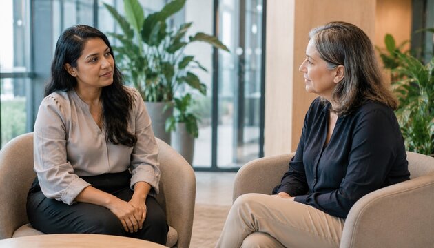 South Asian Female Employee Having a Calm Mental Wellbeing Check-In with Professional Wellbeing Partner in Modern Office Lounge