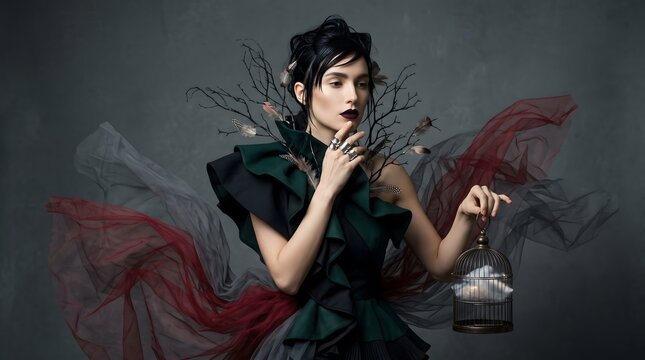 Woman in a sculptural dark gown holds a small cage containing a white cloud while branches and red translucent fabric flow behind her, creating a surreal image of trapped imagination.