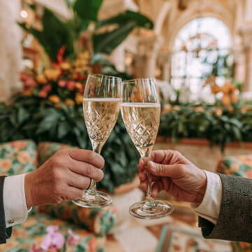 Two people toasting with crystal champagne flutes in a luxurious interior setting