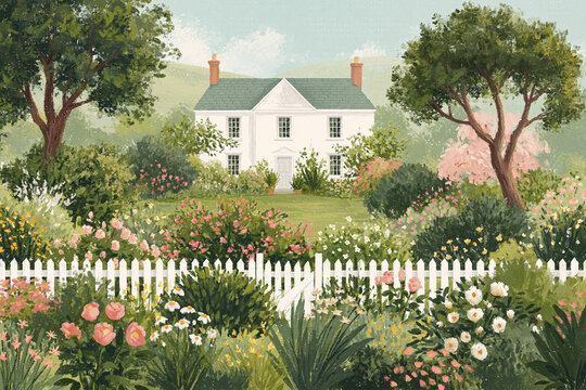Idyllic country house surrounded by blooming flowers, lush greenery, and a charming white picket fence, illustrating a serene rural setting