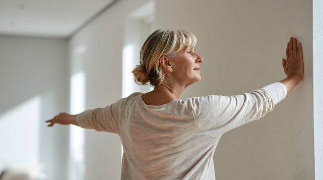&Auml;ltere Frau macht eine Schulter&uuml;bung an der Wand