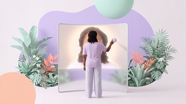Woman from behind views portrait on holographic display