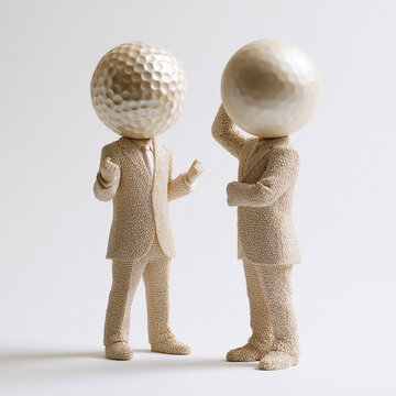 Zwei stilisierte Figuren mit Golfballkopf in Anz&uuml;gen vor wei&szlig;em Hintergrund, surreale Kunstinstallation f&uuml;r Konzept- und Ideenvisualisierung.