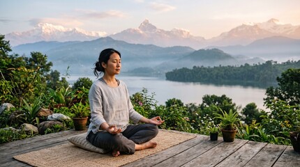 Fototapeta premium Woman meditating peacefully on wooden deck with stunning mountain lake backdrop at sunrise