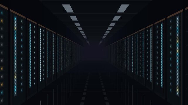 Slow dolly into a massive AI data center corridor with towering server racks and LED status lights receding into cinematic bokeh. professional stock footage for technology, business, and editorial use