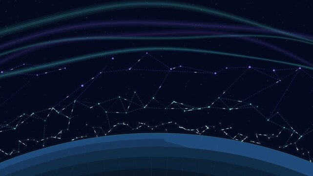 Elegant edge AI mesh of IoT devices and satellites orbiting Earth in synchronized harmony. professional stock footage for technology, business, and editorial use.