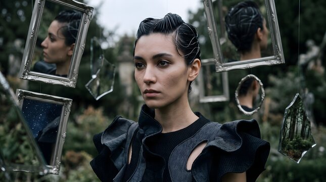 Serious woman stands among suspended mirrors reflecting different views of her face in a forest, creating a surreal portrait of identity, self-perception, and introspection.