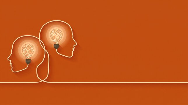 Two human head silhouettes connected by a single line with glowing light bulbs containing gear patterns on a solid orange background